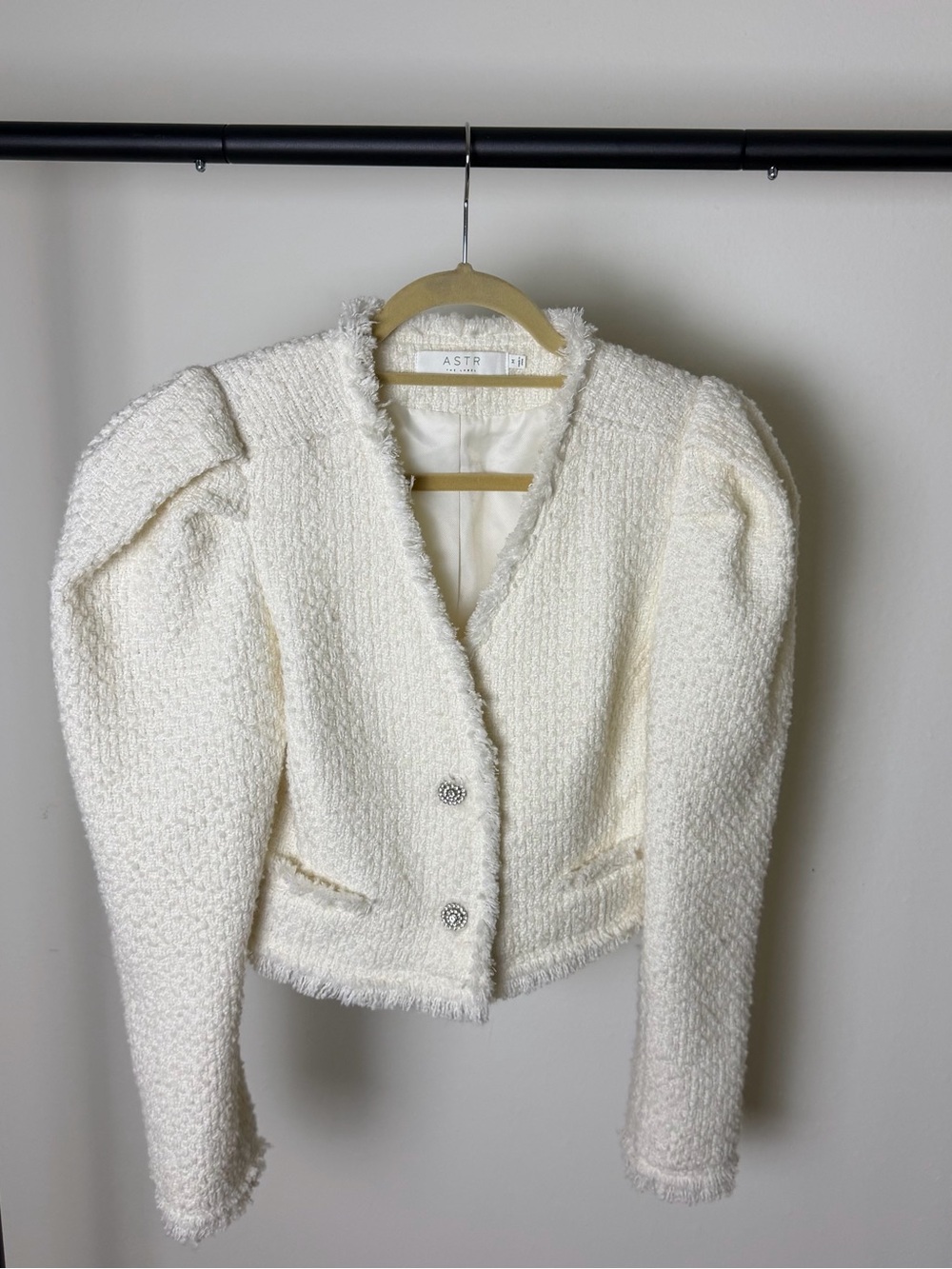 Astr Ivory Bouclé Fringe Cropped Blazer